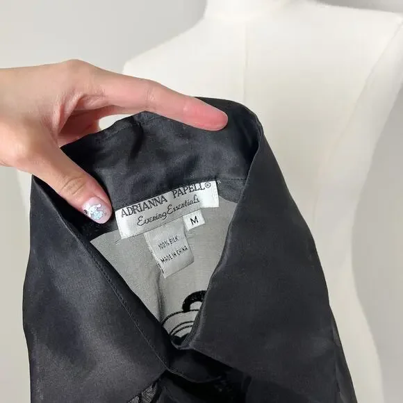 90s vintage black silk minimalist sheer organza emboidered tunic shirt blouse - Picture 3 of 10